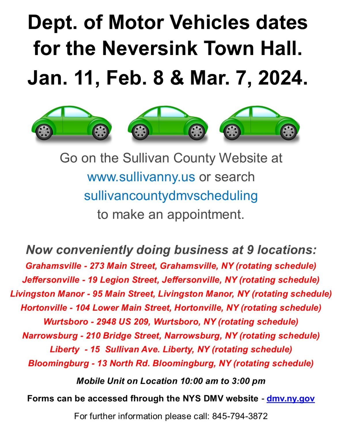 2024 DMV Schedule at Town Hall Town of Neversink