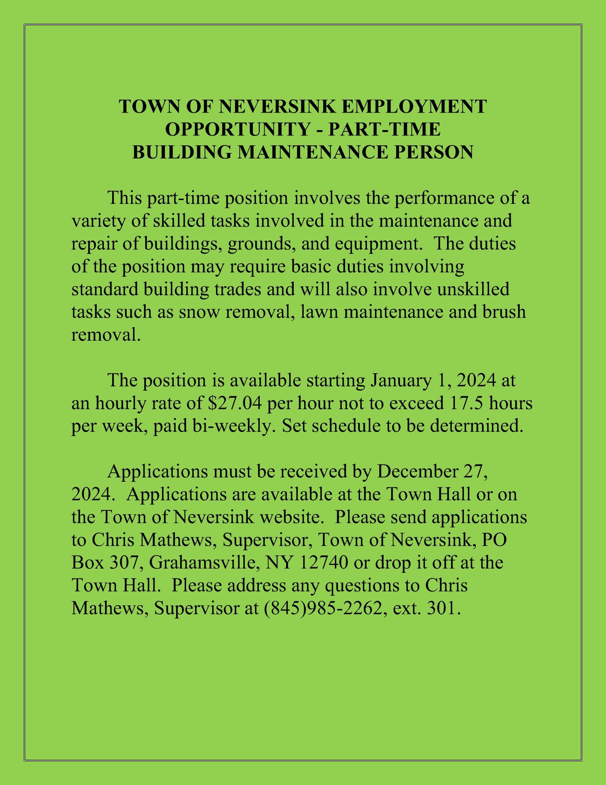 Building Maintenance PT Employment 2024 Town of Neversink